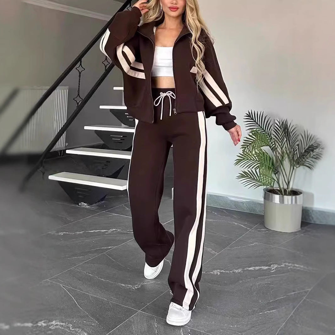 Striped Zipper Top Jacket Casual Sports Suit Women