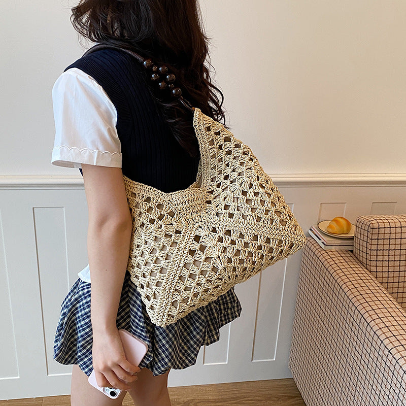 Women Boho Woven Mesh Beach Tote Bag Large Capacity Crochet Vacation Shoulder Handbag