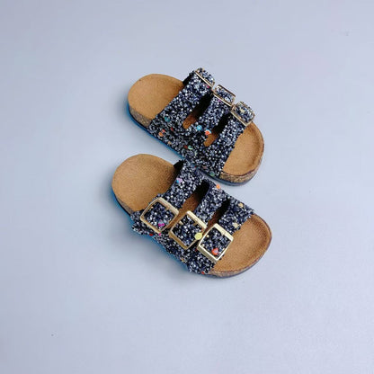 Girls Sparkly Buckle Cork Sandals