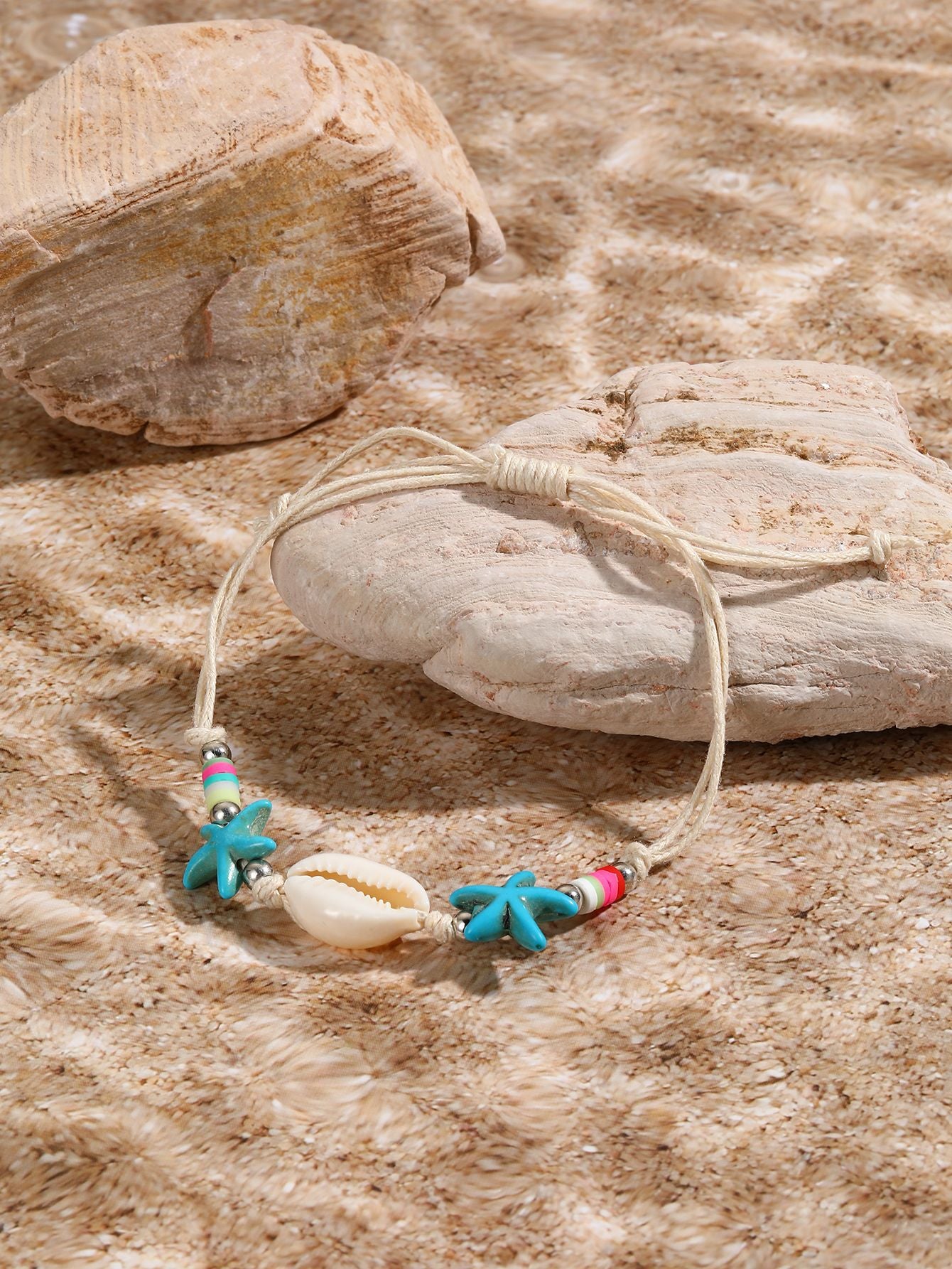 Marine Style Starfish Shell Turquoise Shell Beaded Chain Stretch Bracelets