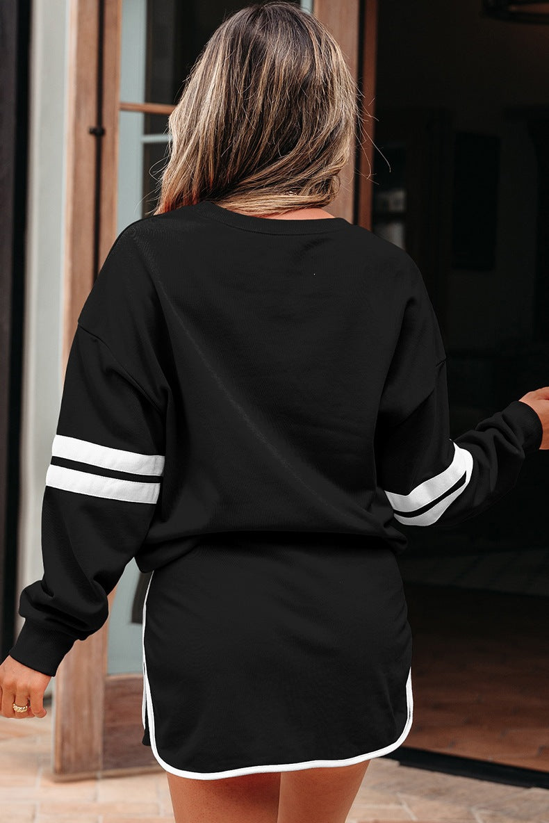 Varsity Stripe Detail Drop Shoulder Pullover Mini Skort Set