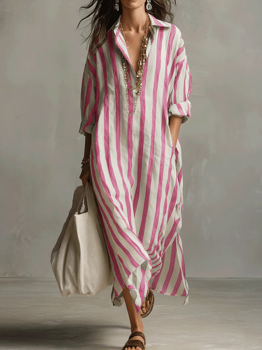 Stylish Long Striped Cardigan-Style Dress for Women