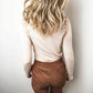 Beige Solid Color Round Neck Frill Detail Long Sleeve Top