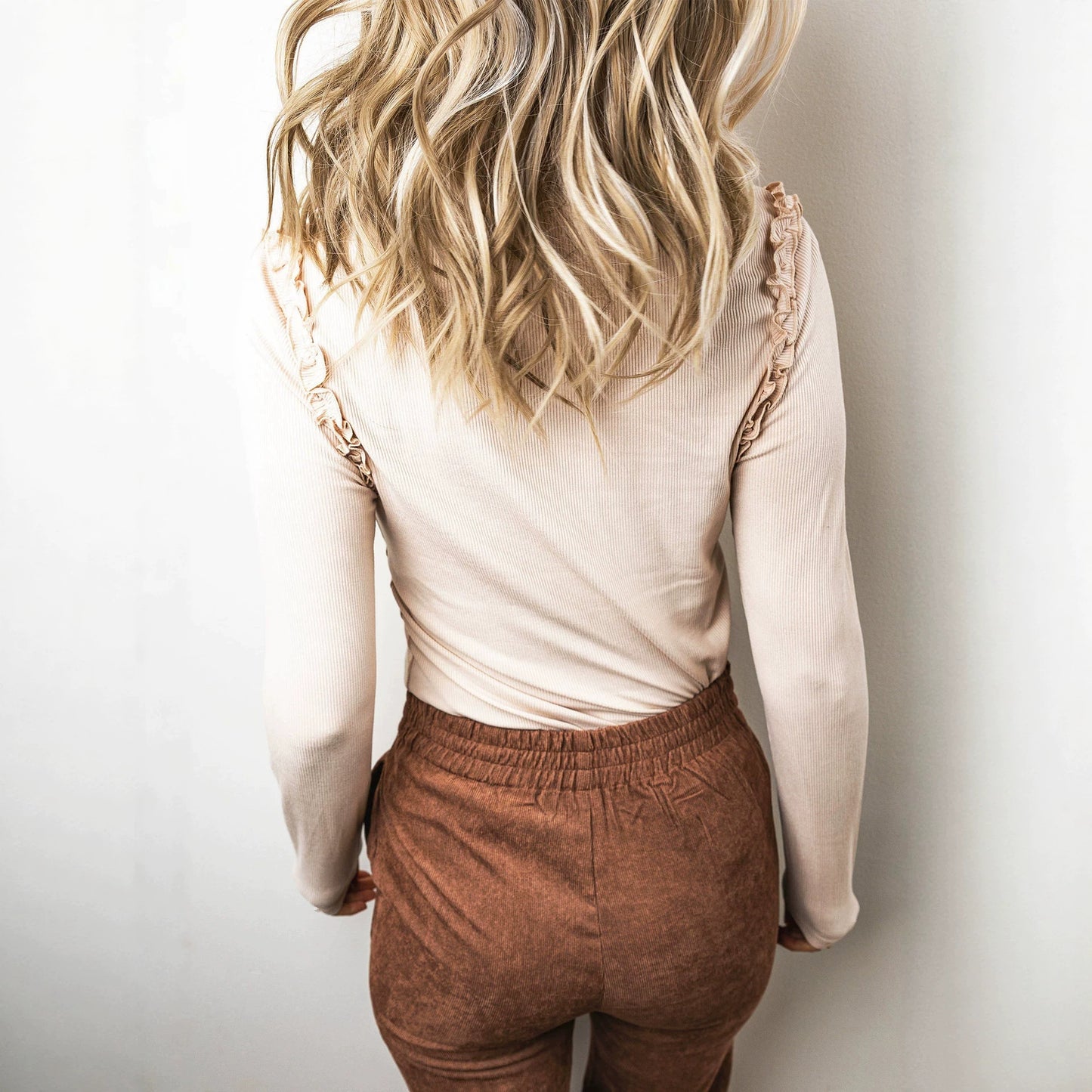 Beige Solid Color Round Neck Frill Detail Long Sleeve Top