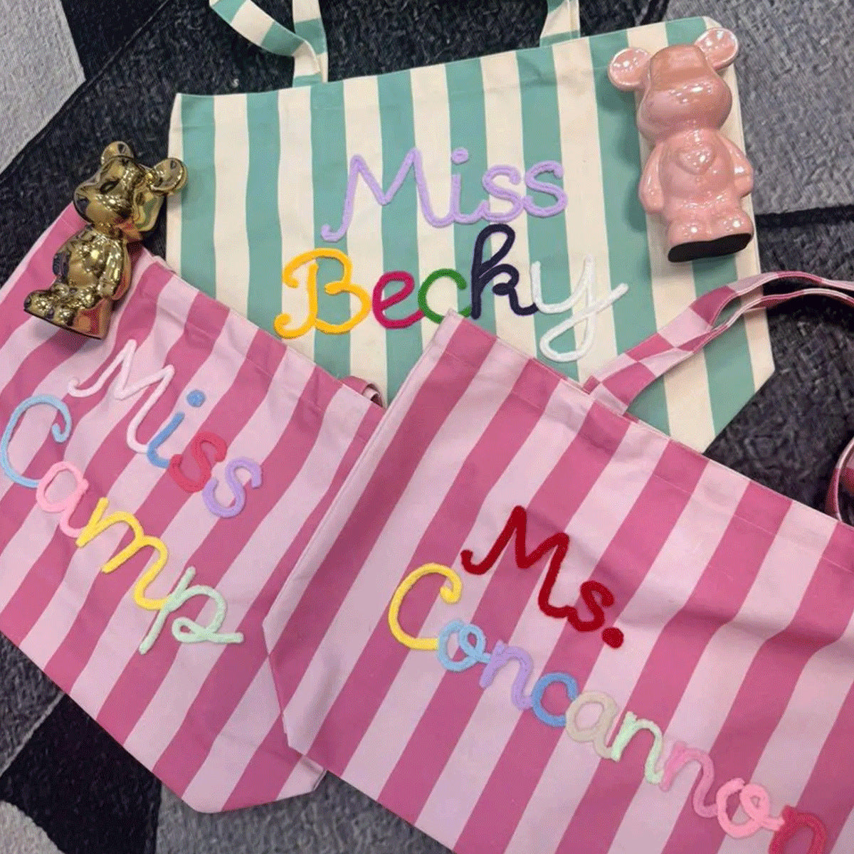 Custom Striped Tote Bag – Hand-Embroidered
