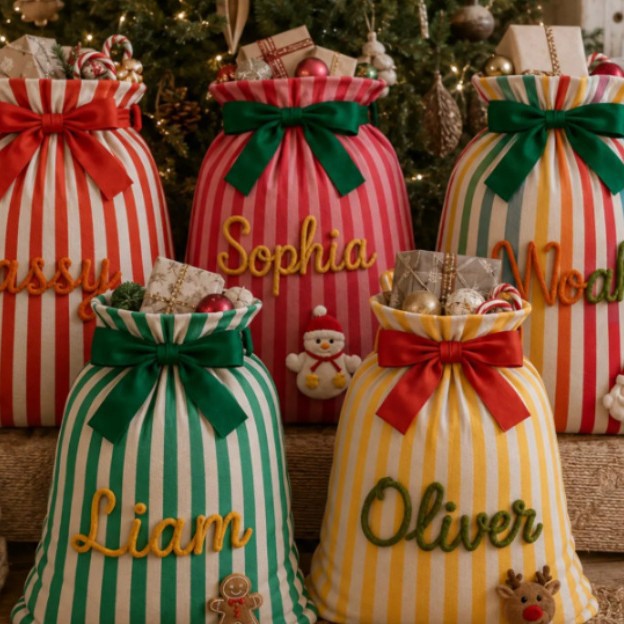 Custom Personalized Striped Christmas Drawstring Gift Sack