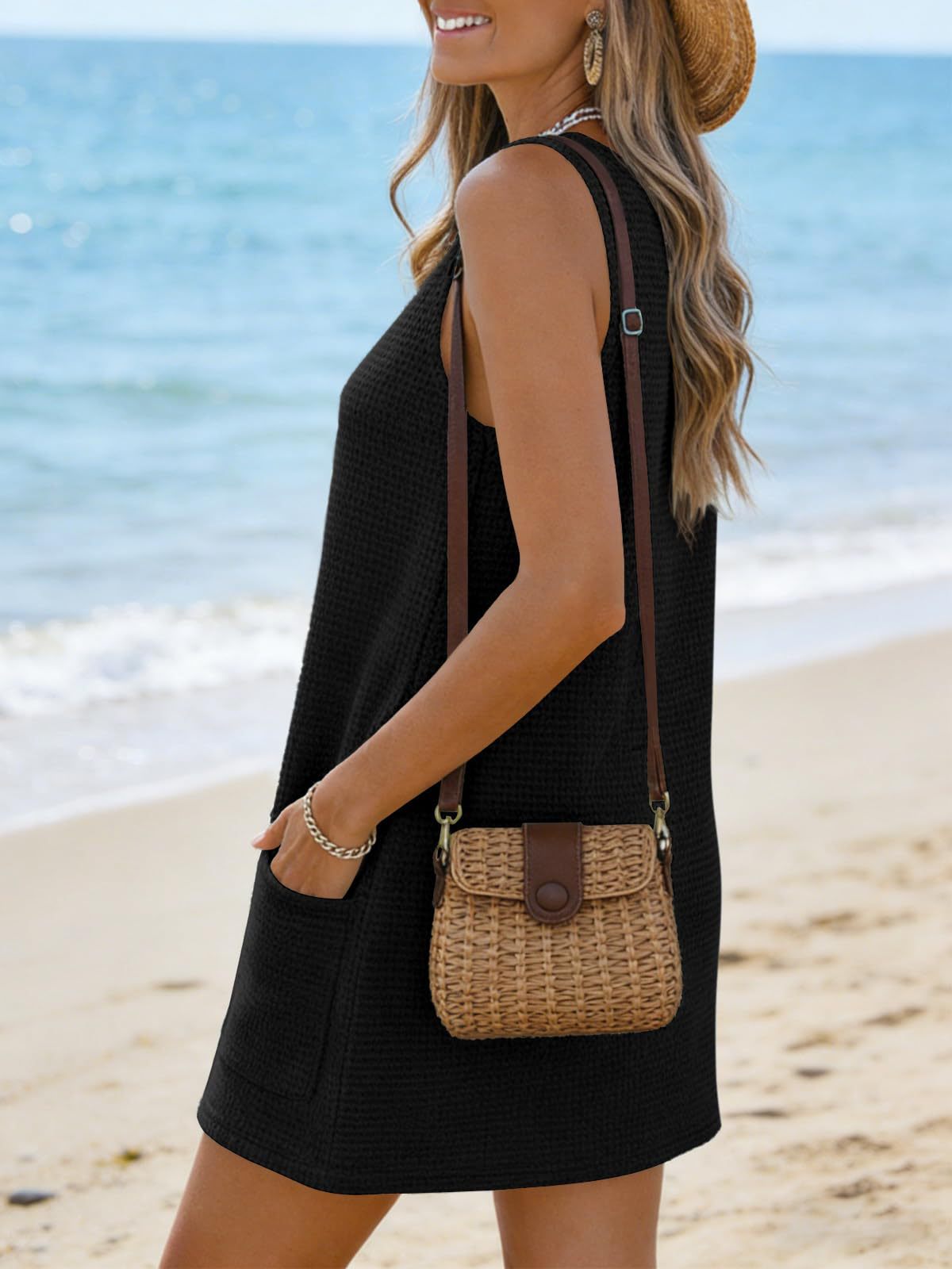 Waffle Knit V-Neck Shift Dress