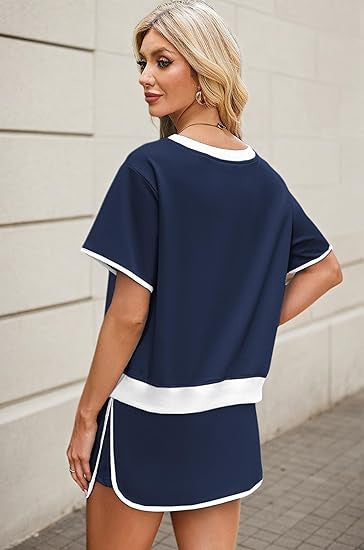 2Pcs Set Colorblock Edge Drop Shoulder T Shirt and Skirt