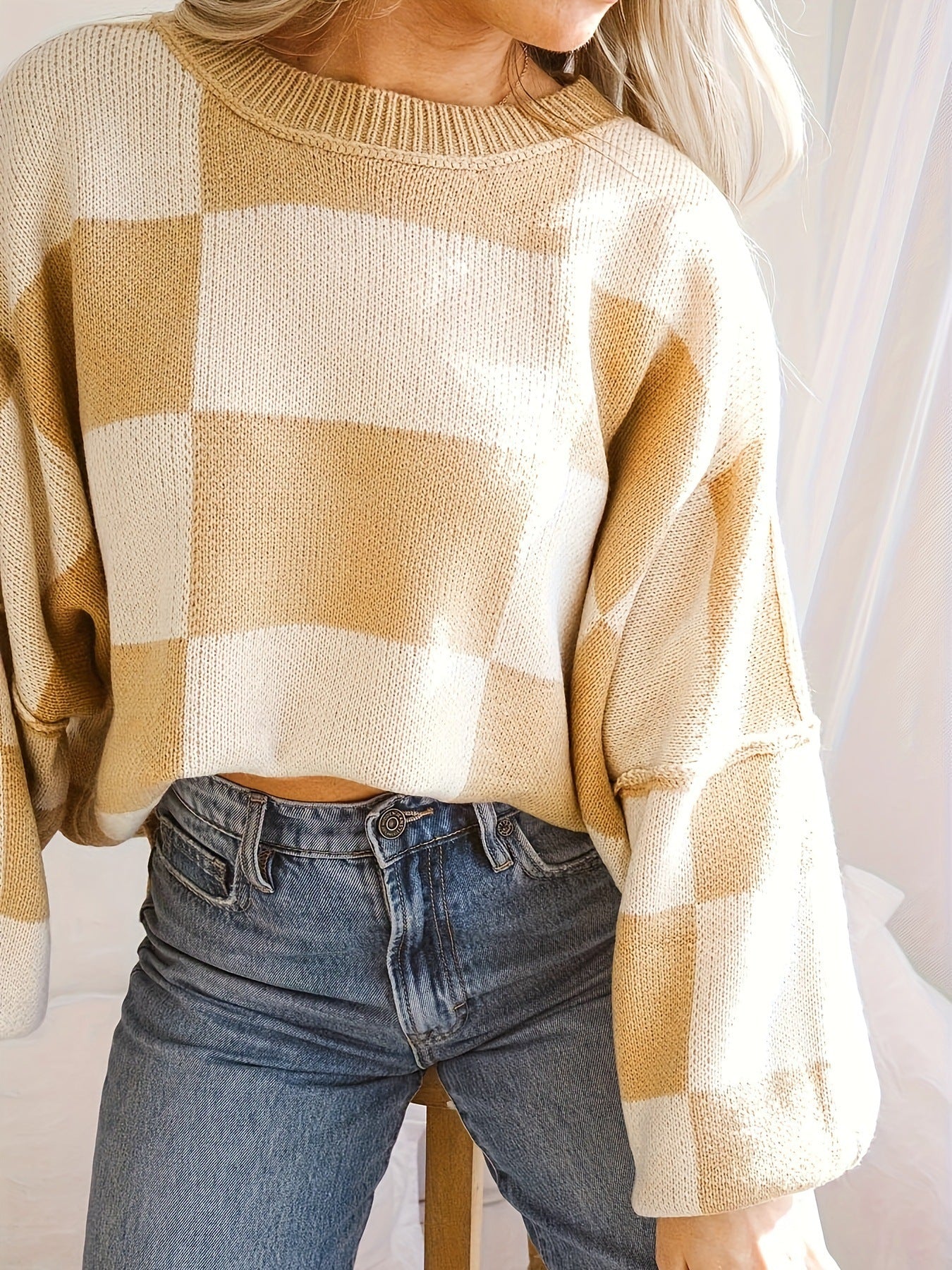 Women's Plus-Size Loose-Fit Color-Block Long-Sleeve Crew-Neck Knit Sweater
