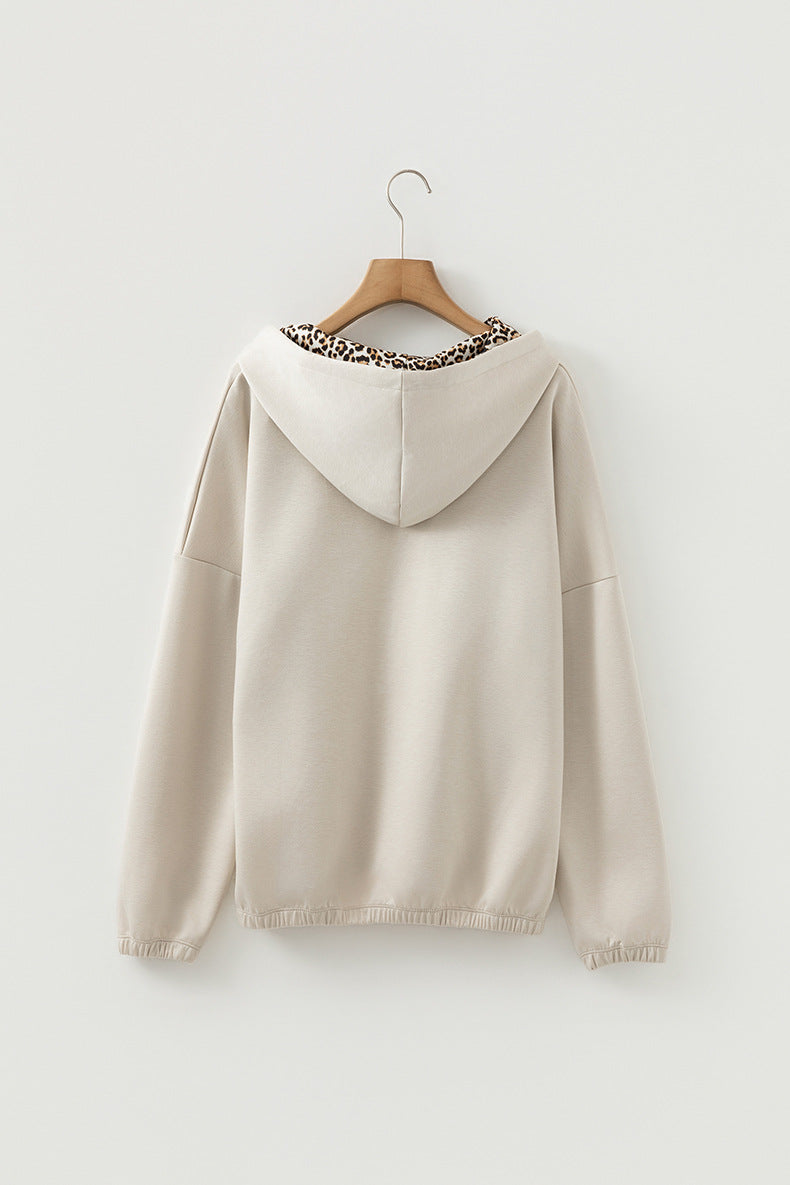 Elastic Cuffs Leopard Contrast Drawstring Hoodie