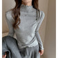 Ribbed Knit Lettuce Trim Long Sleeve Mock Neck Top