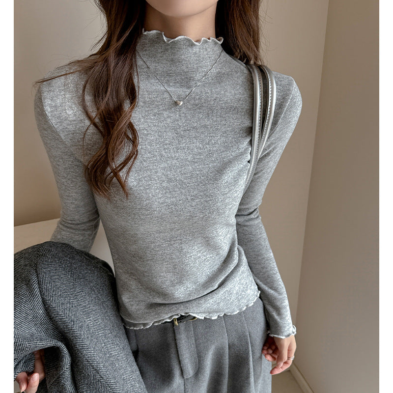 Ribbed Knit Lettuce Trim Long Sleeve Mock Neck Top