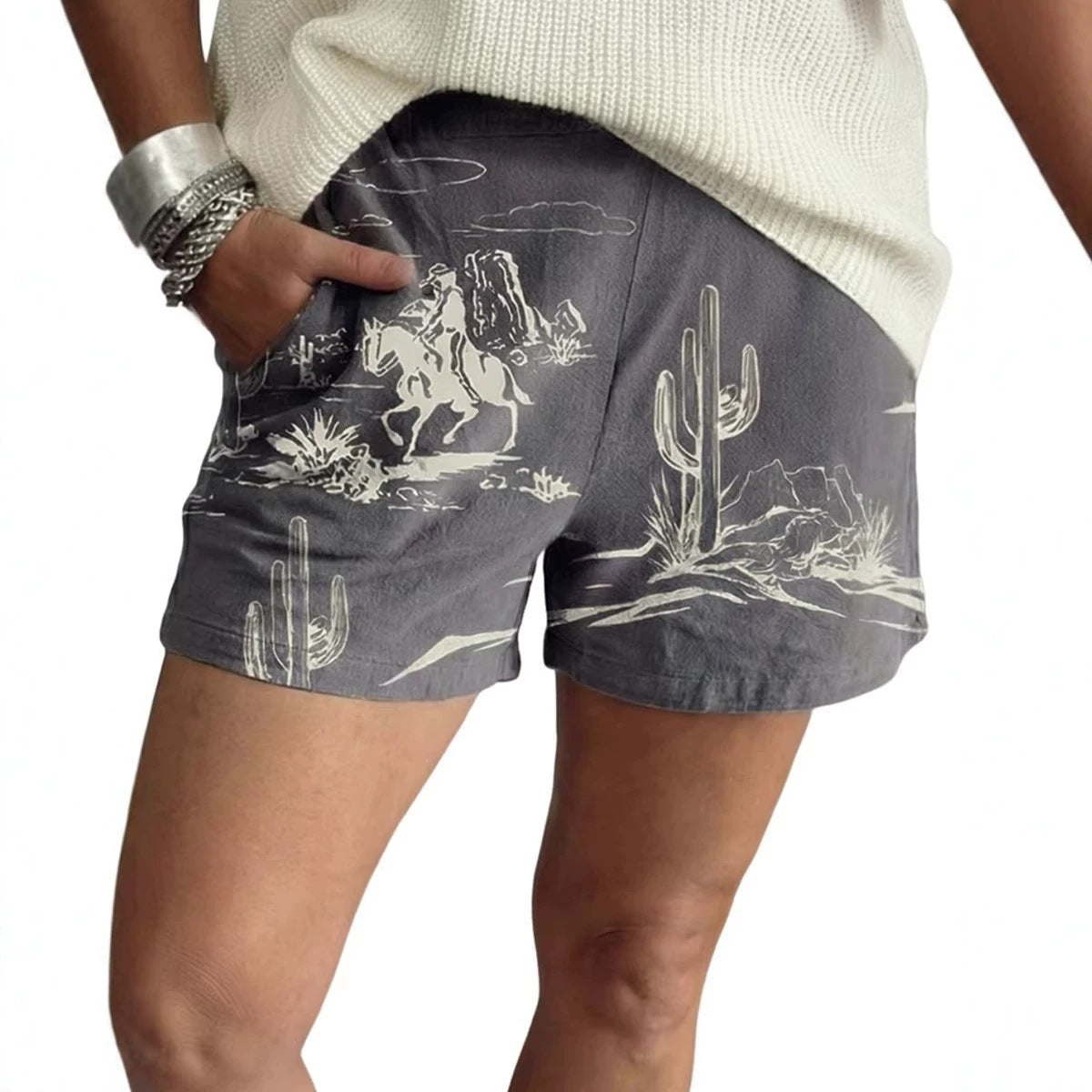 Western Print Elastic Waist Cotton Denim Shorts