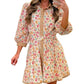 Orange Floral Print Color Block Trim Button Down 3/4 Sleeve Belted Mini Dress