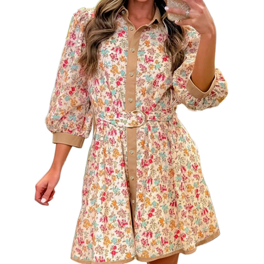 Orange Floral Print Color Block Trim Button Down 3/4 Sleeve Belted Mini Dress