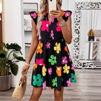 Floral Notched V-Neck Cap Sleeve Babydoll Dress