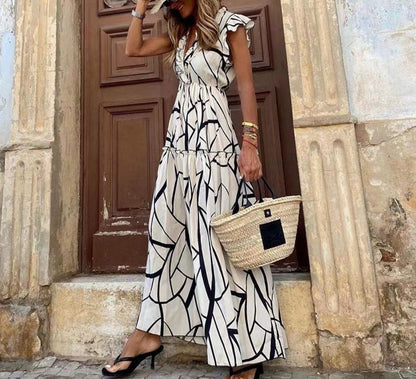 Abstract Print V Neck Ruffle Maxi Dress