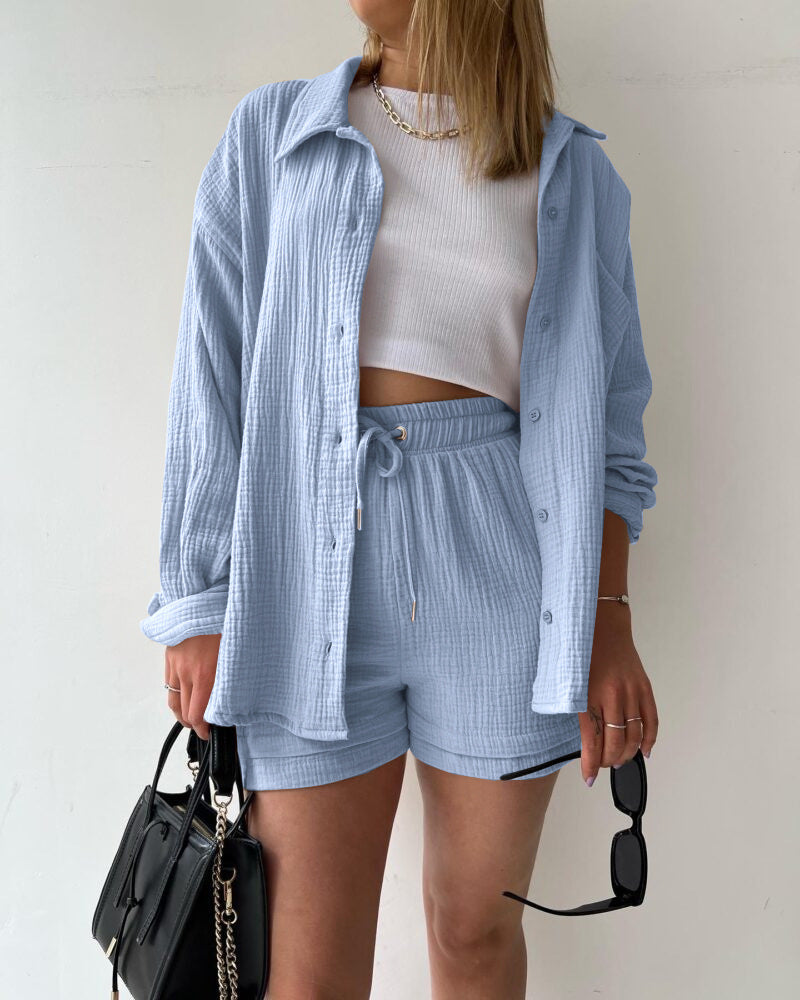 Textured Shirt + Drawstring Shorts 2-Piece Set