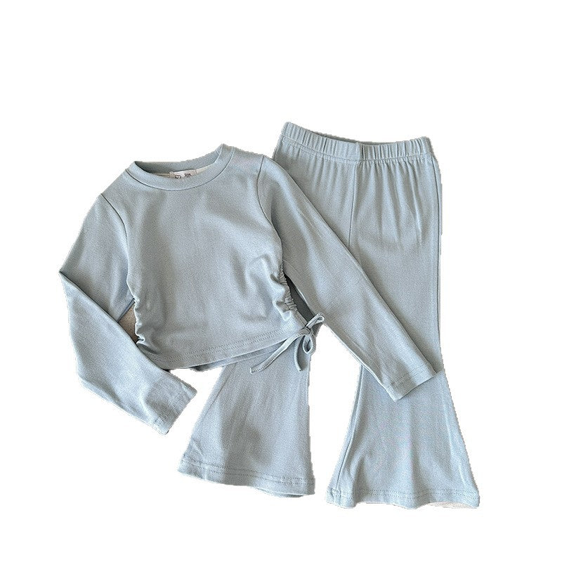 Girls' slim-fit solid color top and flared pants suit
