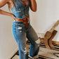 Western Button V Neck Denim Vest Top