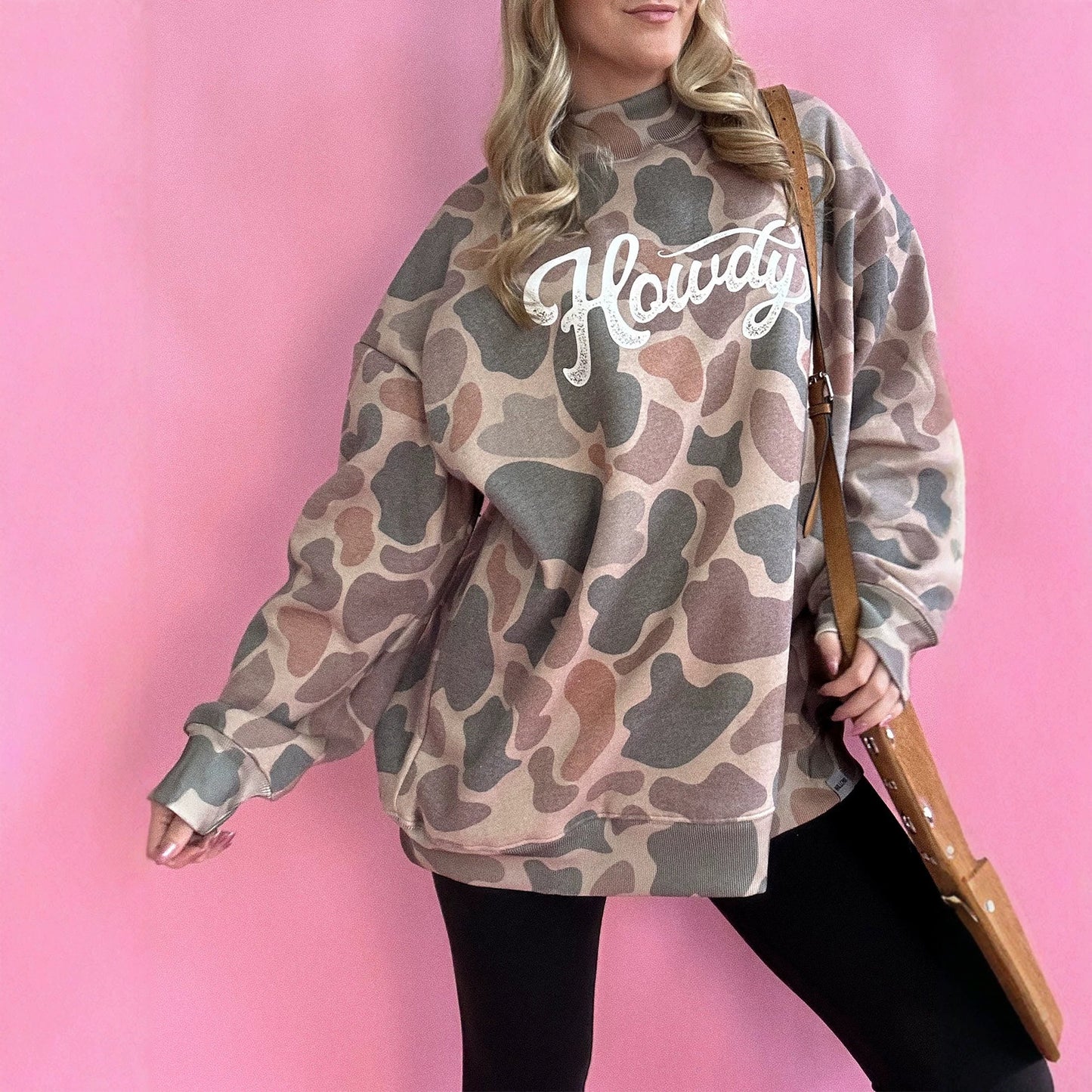 Multicolour Camo Print Howdy Western Style Baggy Pullover Sweatshirt
