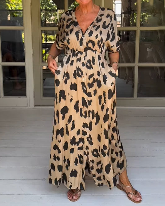 Leopard Print V-neck High-waisted Maxi Dress