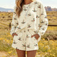 Beige Free Mallard Print Long Sleeve Top Drawstring Short Set