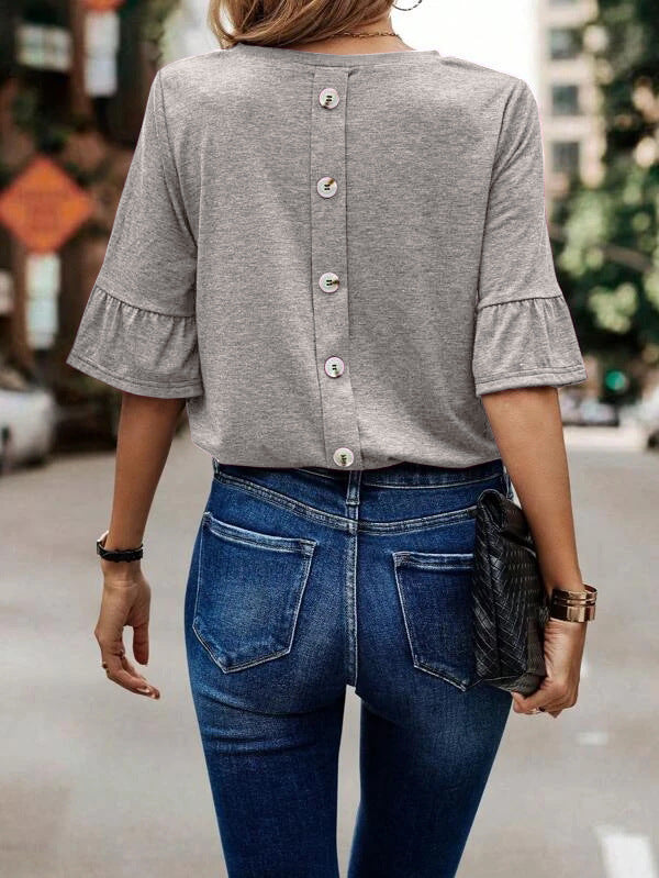 Solid Button Ruffle Sleeve T-shirt