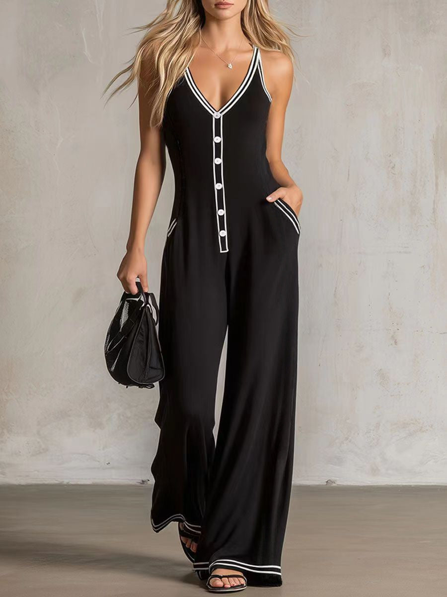 Women's V-Neck Backless Wide-Leg Jumpsuit