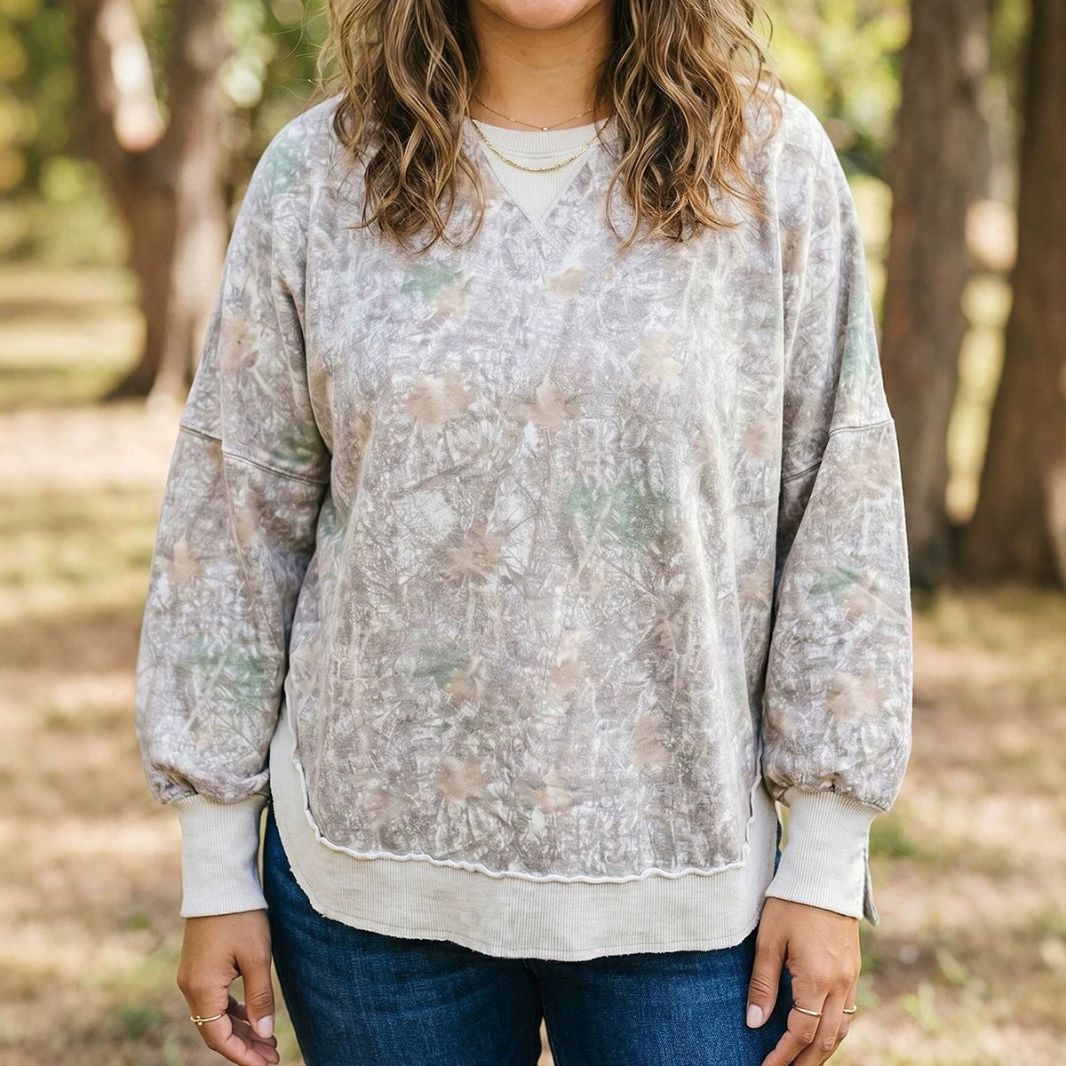 Khaki Camouflage Print Round Neck Long Sleeve Shift Plus Size Sweatshirt