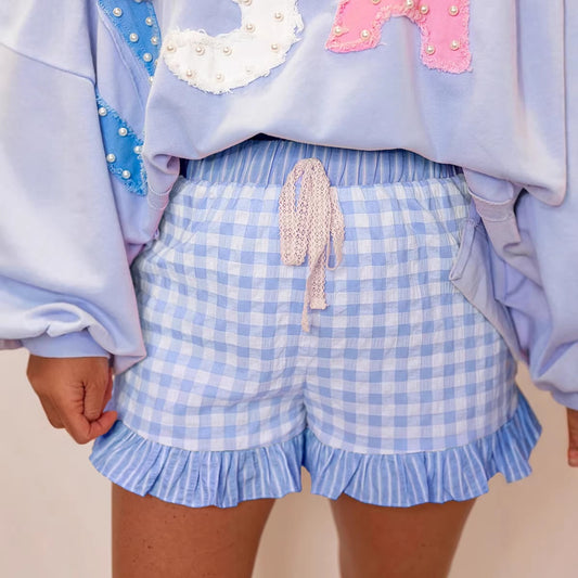 Gingham Print Ruffle Striped Detail Lace Tie Shorts