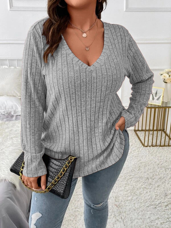 Plus Size V-Neck Long Sleeve T-Shirt