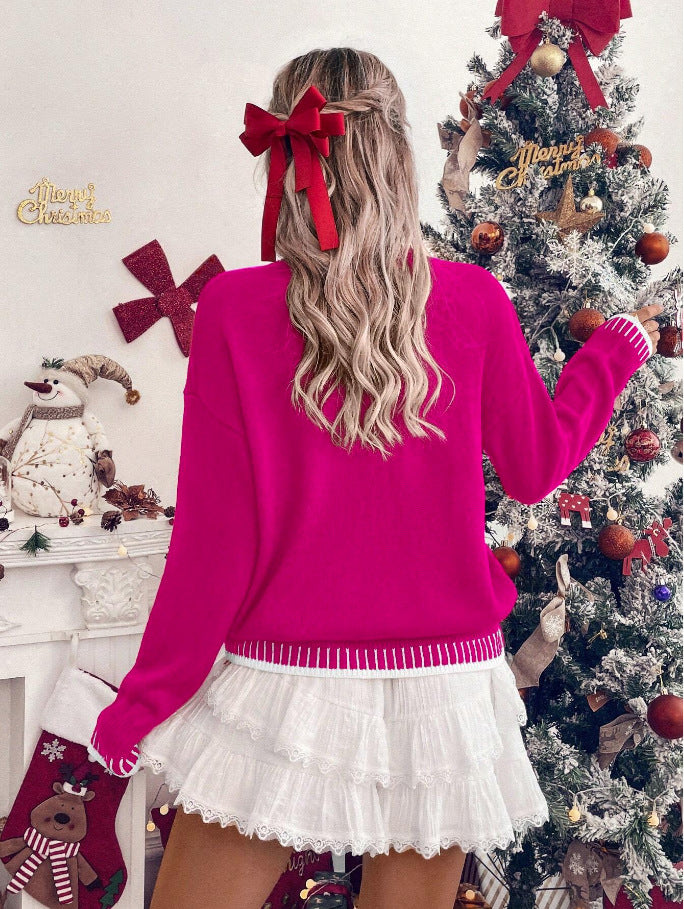 Merry Festive Knit Sweater  Casual Holiday Crewneck Pullover Top
