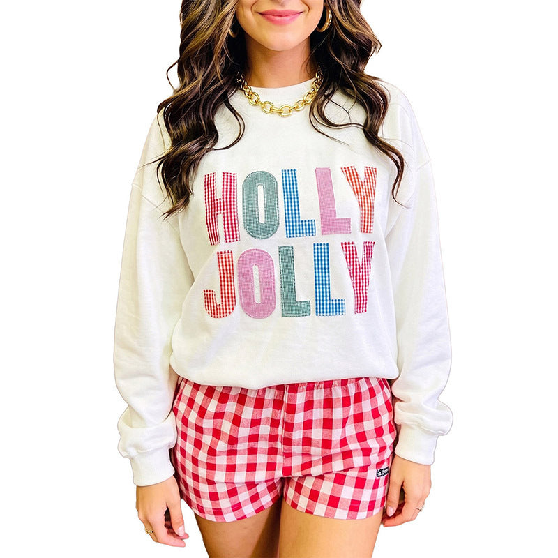 White HOLLY JOLLY Gingham Letter Graphic Plus Size Christmas Sweatshirt