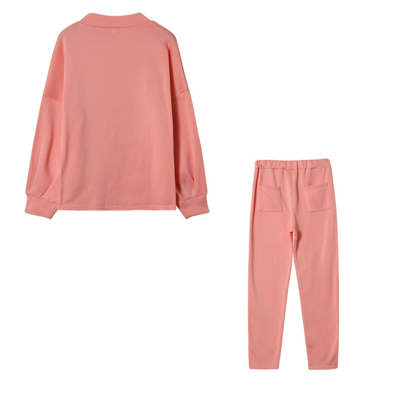 Solid Color High Collar Casual Top+pants Two-piece Set