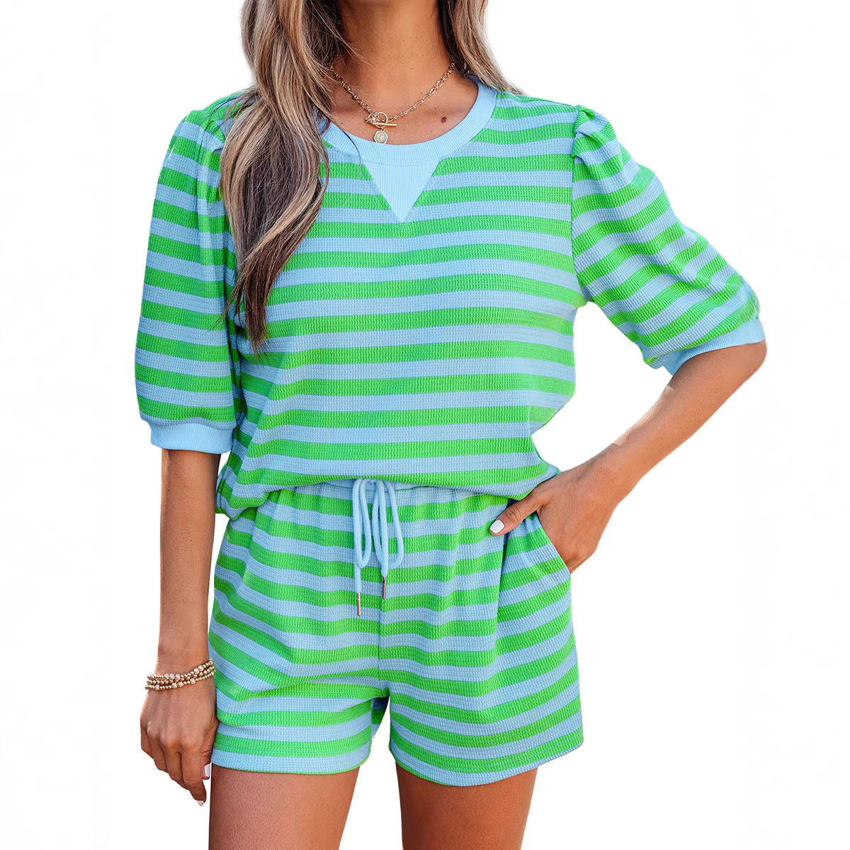 Stripe Puff Short Sleeve T Shirt Matching Shorts Set