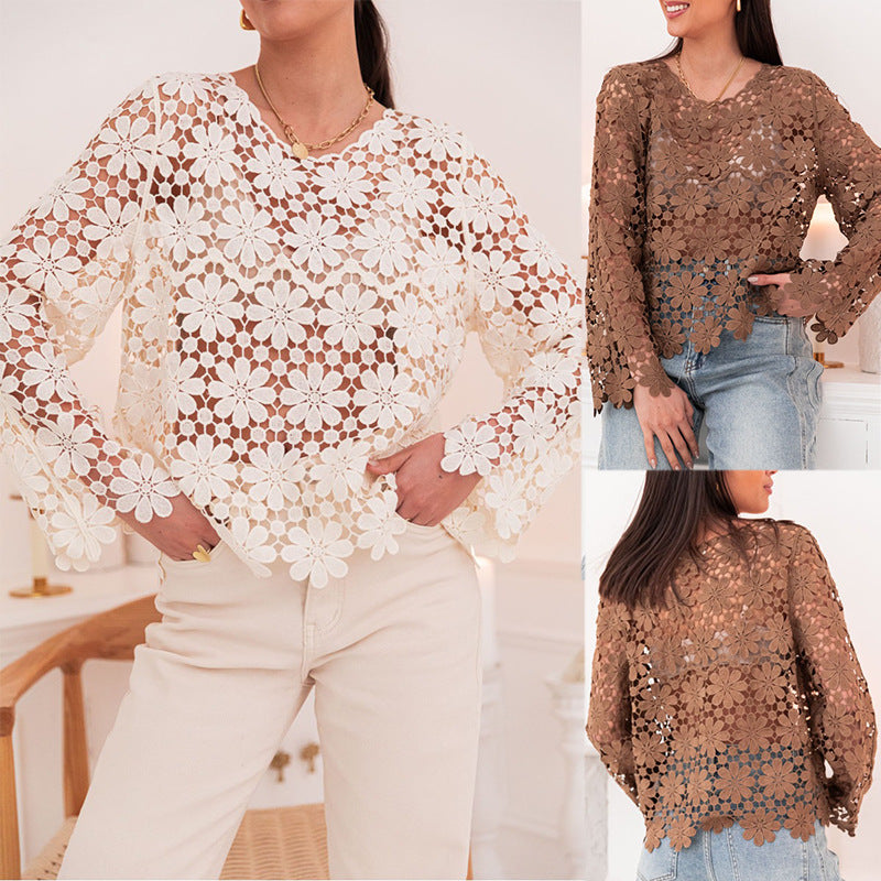 Floral Crochet Cutout Long Sleeve Blouse