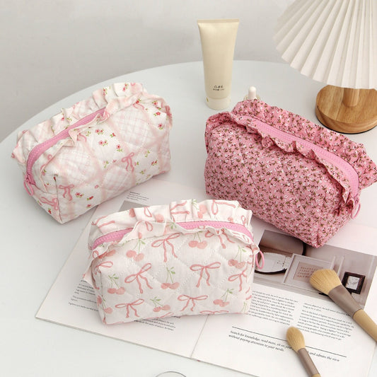 Coquette Aesthetic Quilted Floral Makeup Pouch