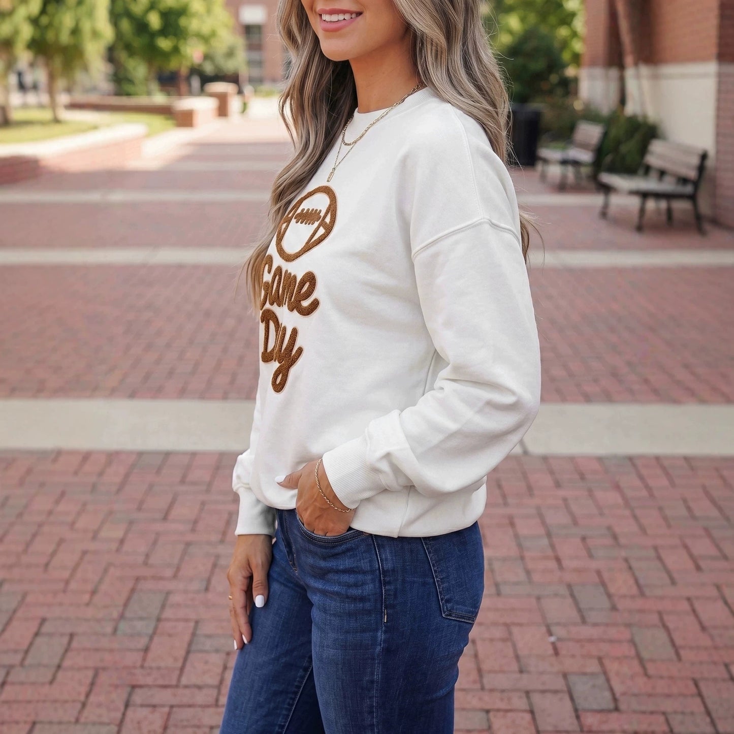 White Embroidered Slogan Game Day Rugby Pattern Crewneck Sweatshirt