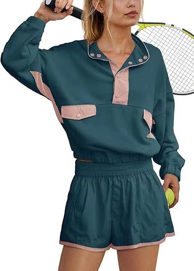 Contrast Color Stitching Long-sleeved Top and Shorts Set(moq2）