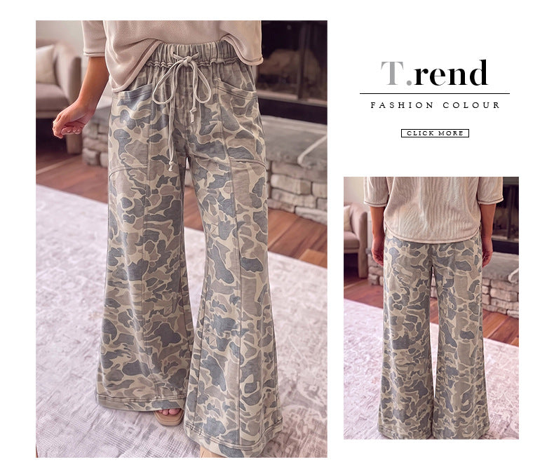 Khaki Abstract Camo Print Wide Leg Pants