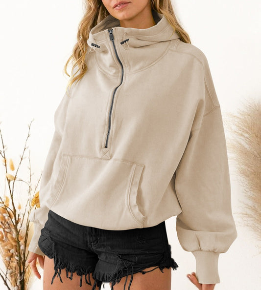 Solid Color Zipper Drawstring Hoodie