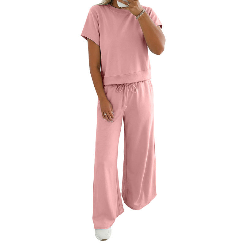Solid Color Loose Tee Drawstring Wide Leg Pants 2pcs Outfit