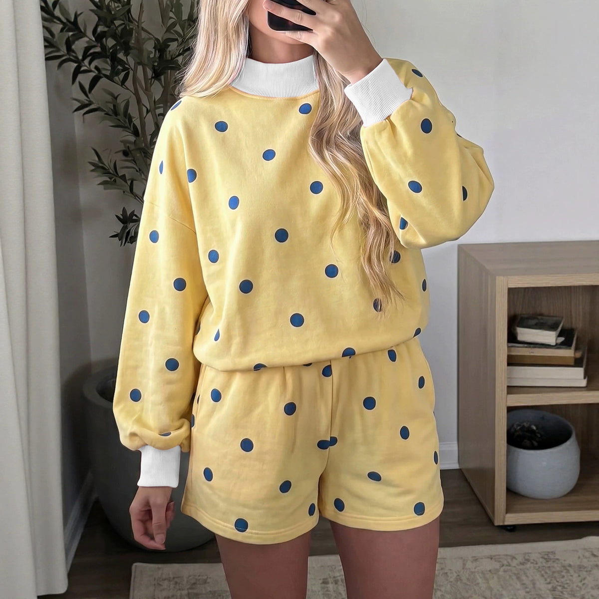 Yellow Polka Dot Ribbed Trim Long Sleeve Top Casual Short Set