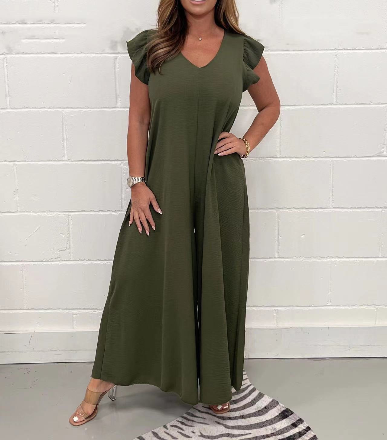 V-neck Ruffle Sleeve Wide-leg Jumpsuit