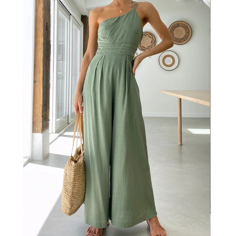 Asymmetric Thin Straps One-shoulder Wide Leg Jumpsuit