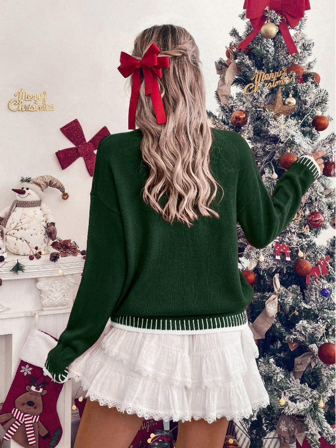 Merry Festive Knit Sweater  Casual Holiday Crewneck Pullover Top