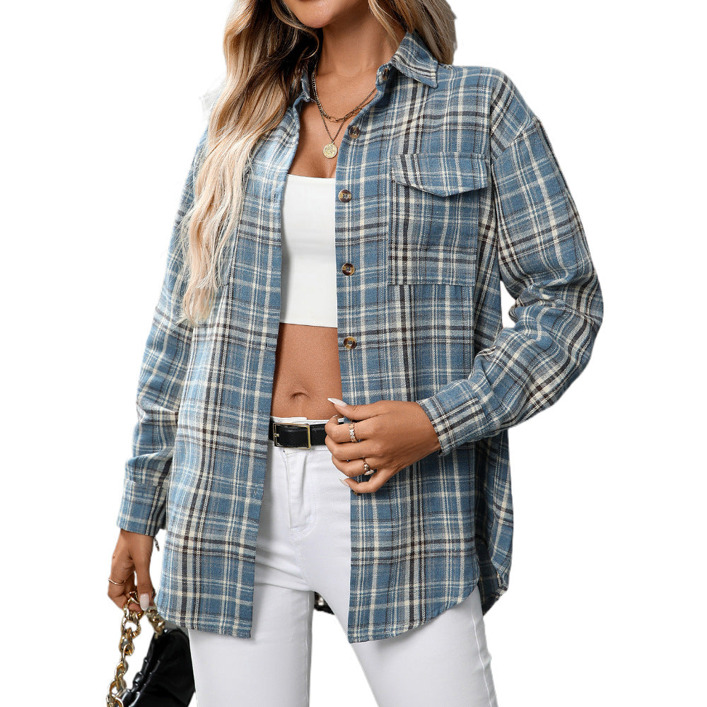 Loose Plaid Pocket Shirt for Women