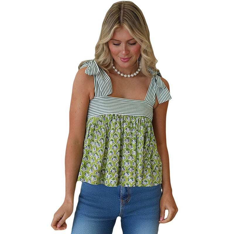 Green Fashion Printed Knot Straps Babydoll Tank Top