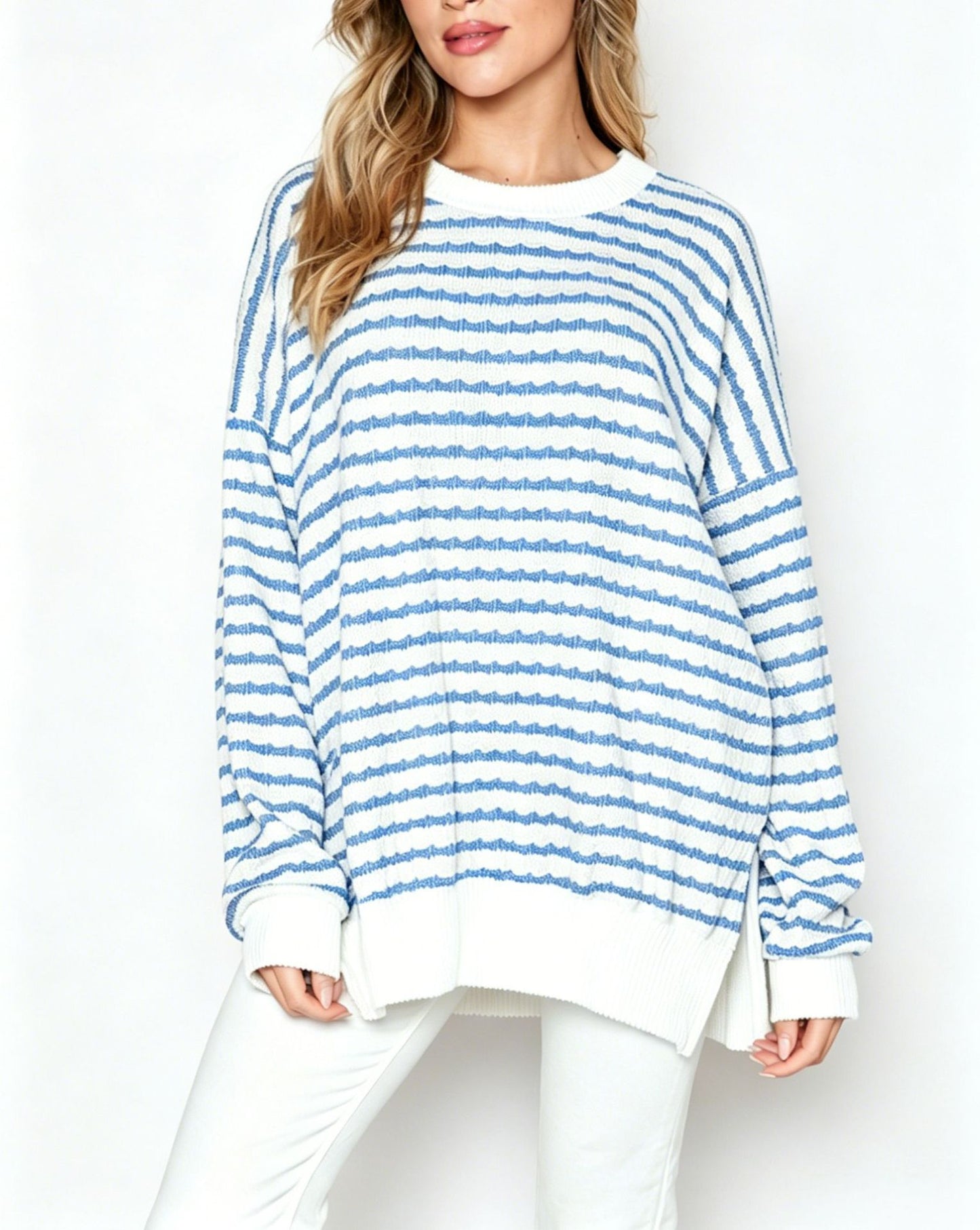 Bubble Poly Cotton Stripe Tunic with Side Slit